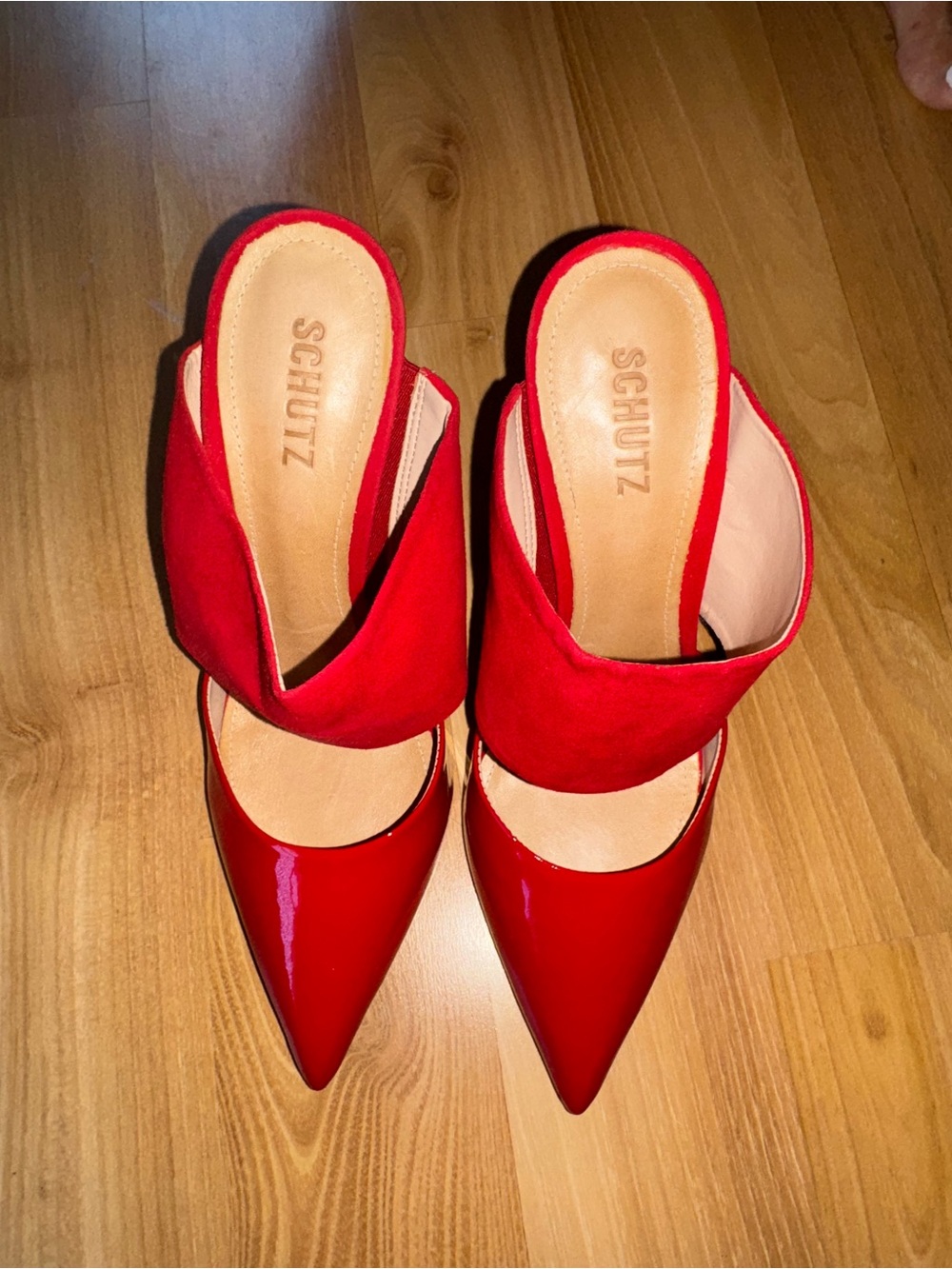 SCHUTZ Red Patent & Suede Pointed Slide Mules - Picture 12 of 12